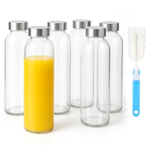 Sursip 24oz Glass Water Bottle Set of 6, Leak Proof Clear glass juice bottle for juicing, Reusable Drinking Bottles with Stainless Steel Lid, Beverage Storage Containers for Refrigerator-BPA Free - color: Clear-6set/24oz, size: 24 Ounces