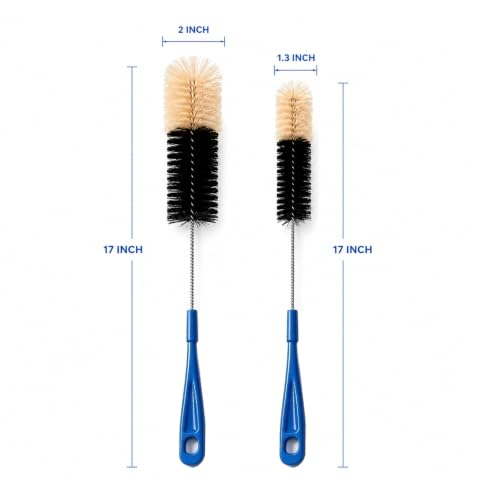 2 Pack 17 Inch Long Bottle Brush Set, Dual 2" & 1.3" Soft Nylon Bristles, Flexible Handle for Narrow Neck Bottles, Water Bottles, Kombucha, Wine Bottles, Spice Jars, Hummingbird Feeders
