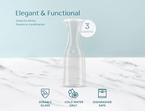 KooK Glass Carafe, Mimosa Bar Supplies, Carafe Pitchers with Lid, Set of 3, Glass Water Pitcher, Drink Dispensers for Parties, Tea, Wine, and Juice, Plastic Lids, Dishwasher Safe, 35 oz - color: Set of 3, 1 Liter