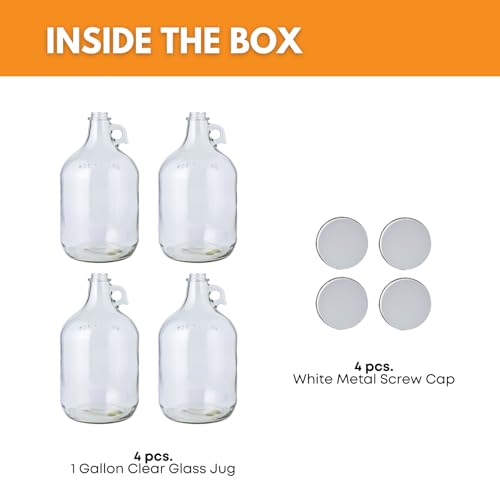 Fastrack 4-Pack 1 Gallon Glass Jug Set (128 oz) w/ White Metal Caps | Multipurpose 1 Gallon Jug, & Detergent Dispenser for Laundry, Glass Jar for Liquids, Water & Juice - style: 4pack 1 Gallon Growler