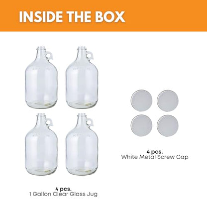 Fastrack 4-Pack 1 Gallon Glass Jug Set (128 oz) w/ White Metal Caps | Multipurpose 1 Gallon Jug, & Detergent Dispenser for Laundry, Glass Jar for Liquids, Water & Juice - style: 4pack 1 Gallon Growler