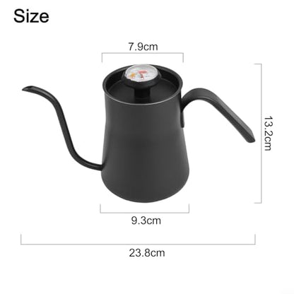 Gooseneck Pour Over for kettle 550ml with Thermometer, Stainless Steel Coffee Drip Pot for Stable Flow, Black for teapot Design