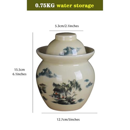 Classical Pastoral Ink Painting Kimchi Jar, Pickling Crock with Plastic Sealed Inner Lid, Ceramic Traditional Fermentation Tank, Decorative Storage Container(0.75kg) - size: 0.75kg