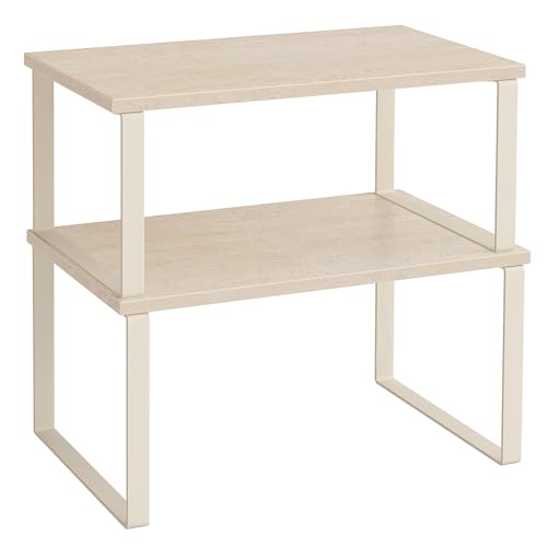 SONGMICS Cabinet Organizer Shelf, Set of 2 Kitchen Counter Shelves, Kitchen Storage, Spice Rack, Stackable, Expandable, Metal and Engineered Wood, 11.7 Inches, Beige & Cream White UKCS020L01 - color: Travertine Beige + Cream White, size: 11.7"w