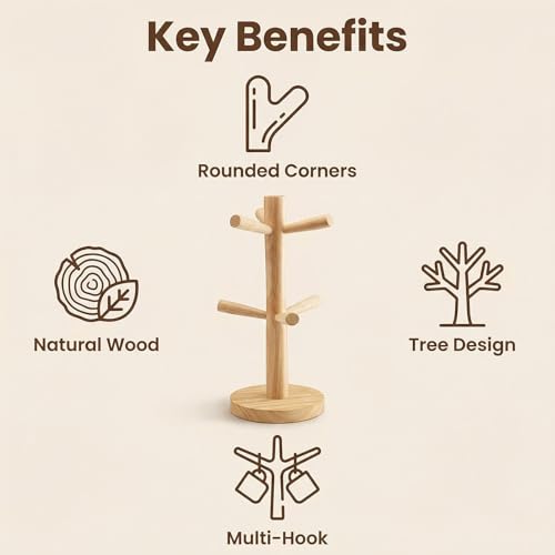 Elandy Wooden Mug Holder Tree with 6 Hooks Mug Stand Mug Rack Coffee Cup Holder Mug Hanger Tea Coffee Bar Organizer for Kitchen Counter and Display Dinnerware Storage