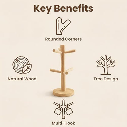 Elandy Wooden Mug Holder Tree with 6 Hooks Mug Stand Mug Rack Coffee Cup Holder Mug Hanger Tea Coffee Bar Organizer for Kitchen Counter and Display Dinnerware Storage