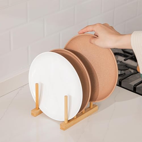HBlife Bamboo Dish Plate Bowl Cup Book Pot Lid Cutting Board Drying Rack Stand Drainer Storage Holder Organizer Kitchen Cabinet（Keep Dry） - color: Bamboo 3 Slots 1pcs
