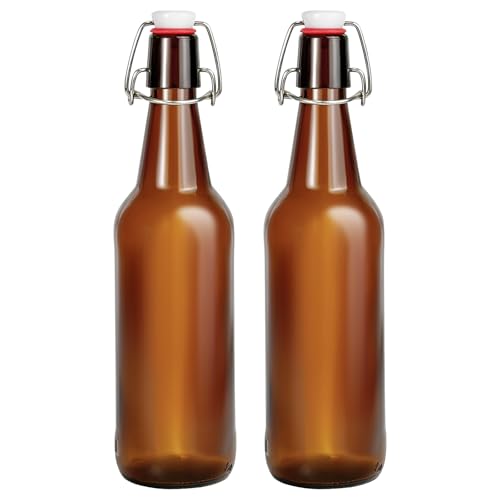 2 Pack Amber Glass Beer Bottles, 16oz Swing Top Glass Bottles with Airtight Lid for Home Brewing,Kombucha, Vanilla Extract, Coquito, Vinegar, Beer