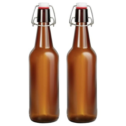 2 Pack Amber Glass Beer Bottles, 16oz Swing Top Glass Bottles with Airtight Lid for Home Brewing,Kombucha, Vanilla Extract, Coquito, Vinegar, Beer