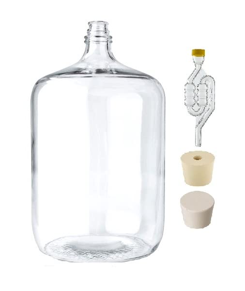 North Mountain Supply 6.5 Gallon Premium Italian Glass Carboy Fermenting Jug - with Drilled & Undrilled Rubber Stoppers and 6-Bubble Airlock