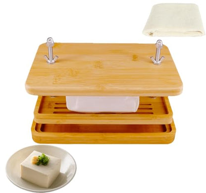 Tofu Press,Large Bamboo Tofu Press with Tofu Strainer,Drip Tray and Cheesecloth, BPA Free,Easy to Clean,Easily Remove Water from Silken/Firm/Extra Firm Tofu,Great Gift for Tofu Lover