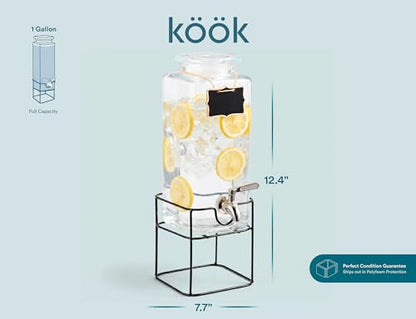 Kook Glass Drink Dispenser, with Stand, 1 Gallon, Serves 15 Cups, Leak-Proof Stainless Steel Spigot, Beverage Storage for Fridge, for Water, Iced Tea, Sangria, Lemonade, 1 Gallon