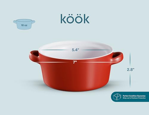 Kook Soup Crocks, Ceramic Stackable Bowls, Broil, Oven, Microwave and Dishwasher Safe, with Handles, For Casserole, Pasta, Cereal, Capacity 18 oz, Set of 4, (Matte Red) - color: Matte Red