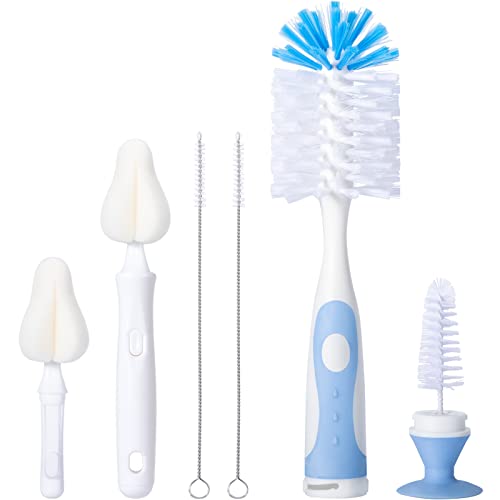 CAREBABYMORE Baby Bottle Brush Set with Nipple Cleaner and Suction, 10.2" Cleaning Brush and 6.5" Sponge Bottle Brush with A Replacement Brush Head and Two 6.7" Straw Brushes, Pack of 5 (Blue) - color: Blue
