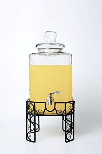 2.5 Gallon Glass Beverage Dispenser with Stainless Steel Spigot, Metal Stand, and Drip Tray – Mason Jar Style Drink Dispenser for Parties, Iced Tea, Water, Lemonade, and More
