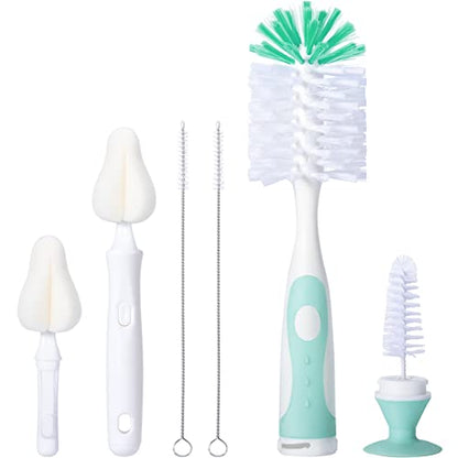 CAREBABYMORE Baby Bottle Brush Set with Nipple Cleaner and Suction, 10.2" Cleaning Brush and 6.5" Sponge Bottle Brush with A Replacement Brush Head and Two 6.7" Straw Brushes, Pack of 5 (Green) - color: Green