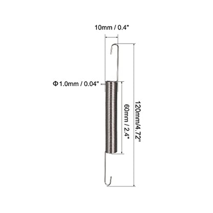 uxcell Extension Spring - 1mm Wire Dia, 10mm OD,120mm Length Spring Steel Small Dual Hook Tension Spring 3pcs - size: 1.0x10x60mm