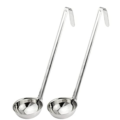 Fit Meal Prep [2 Pack] Stainless Steel Soup Ladle - One-Piece Sauce Spatula with Hook Handles, Commercial Grade Serving Spoon, Kitchen Tool for Restaurant or Home Cooking, Mirror Finish, 14.25" Long - size: 6 oz
