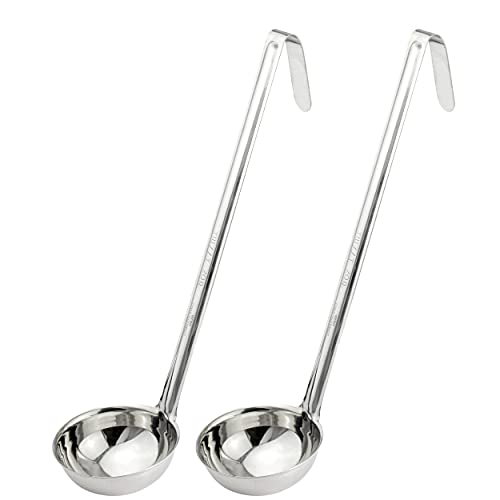 Fit Meal Prep [2 Pack] Stainless Steel Soup Ladle - One-Piece Sauce Spatula with Hook Handles, Commercial Grade Serving Spoon, Kitchen Tool for Restaurant or Home Cooking, Mirror Finish, 14.25" Long - size: 6 oz