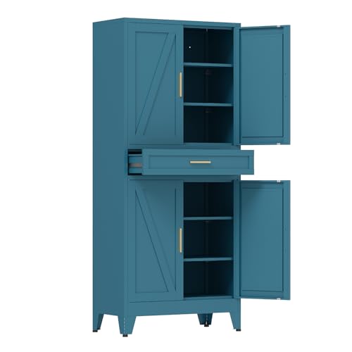 COFaR 71 in Tall Kitchen Pantry Cabinet with Drawer, Metal Pantry Storage Cabinet with 4 Adjustable Shelves and 4 Barn Doors, Freestanding Farmhouse Food Cupboard for Dining Room, Peacock Blue 6-Tier - color: Peacock Blue, size: 71 Tall 4 Doors 1 Drawer-F