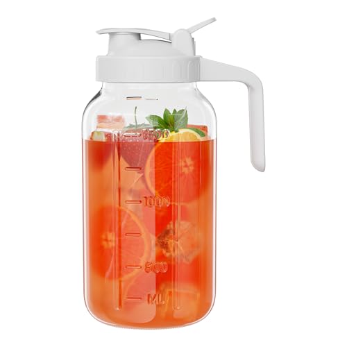 Glass Mason Jar Pitcher, 64 oz Wide Mouth Jug with Pour Spout Handle Lid for Cold Brew Coffee, Ice Beverage, Iced Juice, Lemonade, Sun Tea, Fruit Drinks Container(White) - color: White, size: 64 Ounces