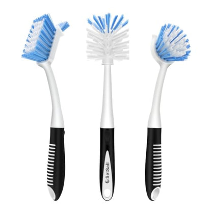 SetSail Dish Brush Set of 3 with Bottle Brush, Dish Scrub Brush with Long Handle Deep Cleaning Handle Brush with Scraper Tip for Kitchen Sink Dishes Bottle Cup Pot and Pans Tile Lines, Black Blue - color: Black Blue