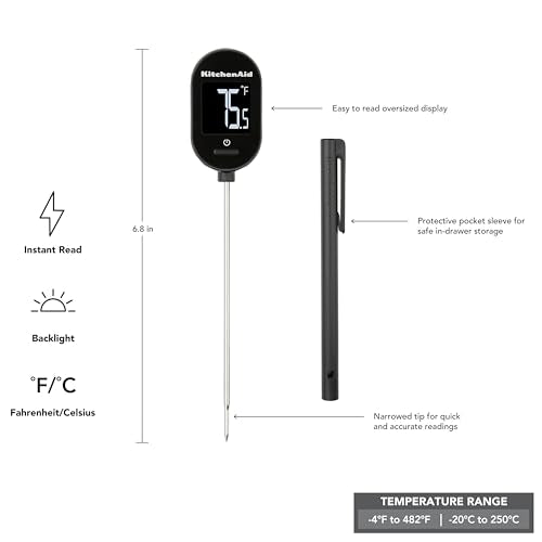 KitchenAid KQ910 Backlit Instant Read Digital Food Kitchen Grill Thermometer, Meat, and Cooking Wireless Thermometerer, Black