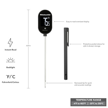 KitchenAid KQ910 Backlit Instant Read Digital Food Kitchen Grill Thermometer, Meat, and Cooking Wireless Thermometerer, Black