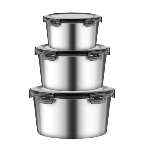 316L Stainless Steel Food Storage Containers with Lids, 20oz 34oz 71oz Airtight Metal Meal Prep Containers,Bento Lunch Box for Kitchen, Picnic & Camping（600 ml / 1000 ml / 2100 ml）