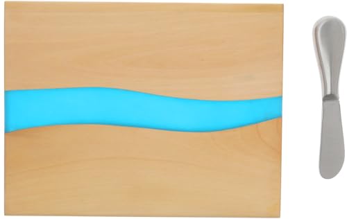 Pavilion Gift Company - Love Gathers Here - 9" x 7" Serving Cheese Bread Wooden & Resin Board With Brushed Silver Spreader Knife Set Housewarming Hostess Host Charcuterie Gift Present