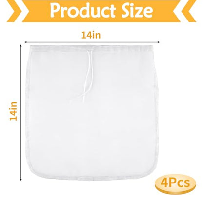 XXL 4 Pcs Food Grade Nut Milk Bag Reusable, Grade 100, 14" x 14" Nut Bag Strainer, Fine Mesh Nylon Cheese Cloth Bags for Straining Oat Almond Milk, Greek Yogurt, Juice, Cold Brew Coffee, Beer Tea - size: 14" x 14"