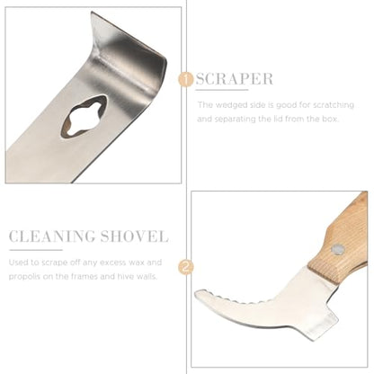 SEWACC Stainless Steel Beekeeper Hive Tool with Wooden Handle, Thickened Multi-Function Beehive Frame Scraper and Lifter for Hive Cleaning and Maintenance