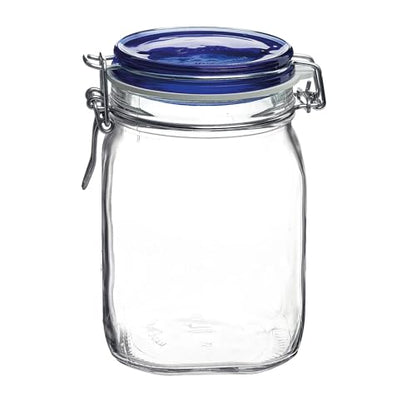 Bormioli Rocco Fido Square Jaw with Blue Lid, 33-3/4-Ounce, 33.75 Ounce, Clear - color: Clear, size: 33.75 fl oz