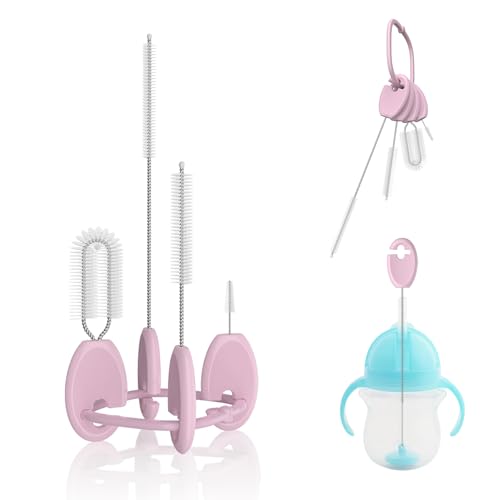 Baby Straw Brush Set, 4 Piece Cleaner Kit with Standable Key Ring, for Sippy Cups, Weighted Straw Cups & Baby Bottles – Designed for 0–24 Months, Pink - color: Pink, size: Baby Version（0–24 Months）