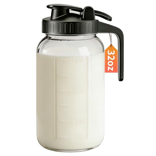 32oz Glass Pitcher with Lid & Spout – 1 Quart Mason Jars, Airtight & Leakproof Breastmilk Pitcher for Cold Brew Coffee, Sun Tea, Water, Juice – Wide Mouth, Fridge Safe - color: Black, size: 32 Ounces