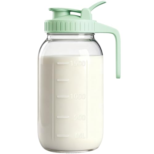 64oz Glass Breast Milk Pitcher with Lid & Pour Spout, 2 Quart Airtight Leakproof BreastMilk Fridge Storage Container - Wide Mouth, Dishwasher Safe Formula Pitcher with Handle - color: Green, size: 64 Ounces