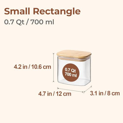 ComSaf 0.7 Qt Rectangle Glass Storage Containers with Lids, Glass Jars with Bamboo Lids, Clear Food Jar, Sugar Coffee Containers, Small Pantry Storage Container for Tea Candy Nuts Spices Oat - size: 0.7 Qt-6Pcs
