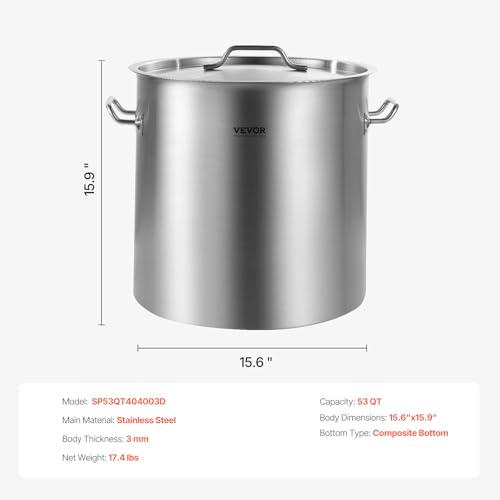 VEVOR Stainless Steel Stockpot, 53 Quart Large Cooking Pots, Cookware Sauce Pot with Lid, and Handle, Heavy Duty Commercial Grade Stock Pot, Sanding Treatment, for Large Groups Events Silver - size: 53 Quarts