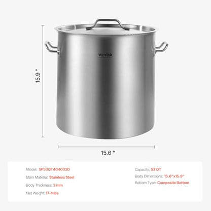 VEVOR Stainless Steel Stockpot, 53 Quart Large Cooking Pots, Cookware Sauce Pot with Lid, and Handle, Heavy Duty Commercial Grade Stock Pot, Sanding Treatment, for Large Groups Events Silver - size: 53 Quarts