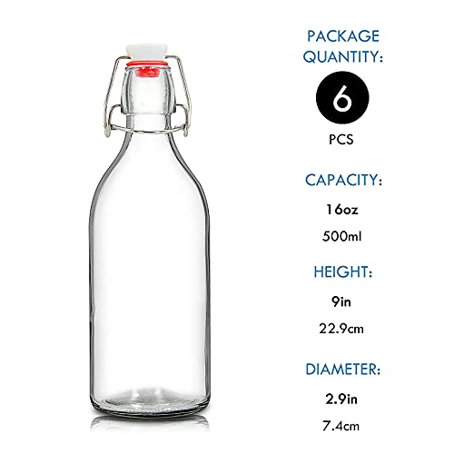 YEBODA 16oz Swing Top Bottles -Glass Beer Bottle with Airtight Rubber Seal Flip Caps for Home Brewing Kombucha,Beverages,Oil,Vinegar,Water,Soda,Kefir,6 Pack