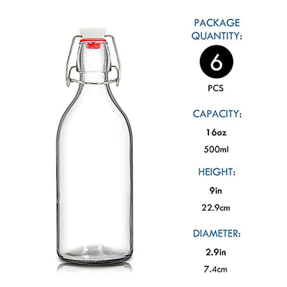 YEBODA 16oz Swing Top Bottles -Glass Beer Bottle with Airtight Rubber Seal Flip Caps for Home Brewing Kombucha,Beverages,Oil,Vinegar,Water,Soda,Kefir,6 Pack