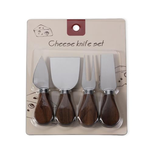 Linwnil 4-Piece Set of Stainless Steel Cheese Knives with Wood Hand, Including Cheese Slicer and Cheese Cutters, Essential Cheese Tools for the Kitchen (Walnut handle, Silver) - color: Silver