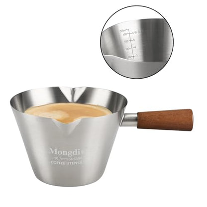 Mongdio Espresso Measuring Cup, Stainless Steel Espresso Shot Cups with Wooden Handle and Double Spouts, 6.8OZ/200ML, Silver - color: Silver, size: 6.8oz
