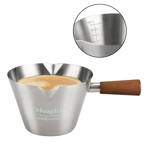 Mongdio Espresso Measuring Cup, Stainless Steel Espresso Shot Cups with Wooden Handle and Double Spouts, 6.8OZ/200ML, Silver - color: Silver, size: 6.8oz