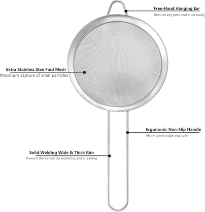 3.35 Inch Silver Fine Mesh Strainer, Stainless Steel Metal Handheld Small Mini Sieve Strainer, Kitchen Food Strainer with Handle for Cocktail, Tea, Coffee and Juice