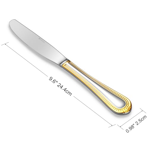 KEAWELL Pearl Edge 4-Piece Premium Dinner Knives: Stainless Steel Table Knives with a Refined Bead Design, Brightly Polished, 9.6 Inches, Dishwasher Safe. (Gold Accent) - color: Gold Accent