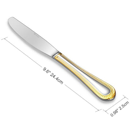 KEAWELL Pearl Edge 4-Piece Premium Dinner Knives: Stainless Steel Table Knives with a Refined Bead Design, Brightly Polished, 9.6 Inches, Dishwasher Safe. (Gold Accent) - color: Gold Accent