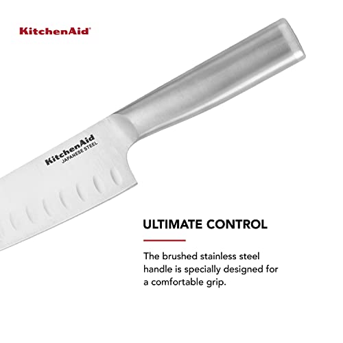 KitchenAid Gourmet Forged Stainless Steel Santoku Knife with Blade Cover, Sharp Kitchen Knife, High-Carbon Japanese Stainless Steel, 7 Inch, Brushed Stainless Steel - style: 7-Inch Santoku Knife