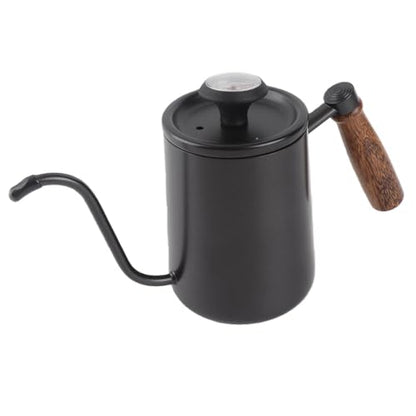 Pour Over Kettle with Thermometer, 304 Stainless Steel Drip Kettle 600ML, Long Spout Precise Control Wood Handle, for Home Coffee Tea Brewing Barista Use (Black) - color: Black