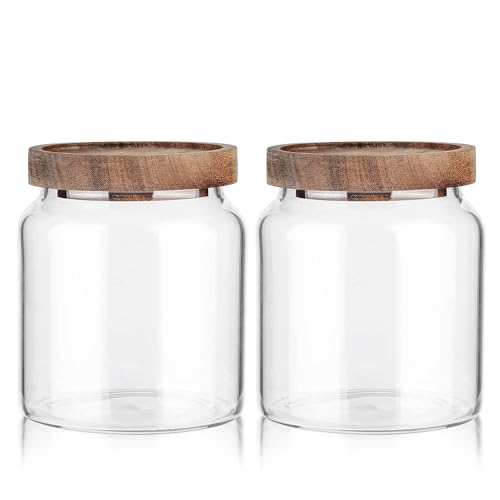 Labina Glass Storage Container Airtight Food Jars Kitchen Canister with Wood Lids, 20 Oz Wide Mouth Pantry Organization Glass Jar for Flour, Sugar, Cookie, Spagetti, Nuts and Candy (2 Pack) - size: A2: 20 Oz 2 pcs